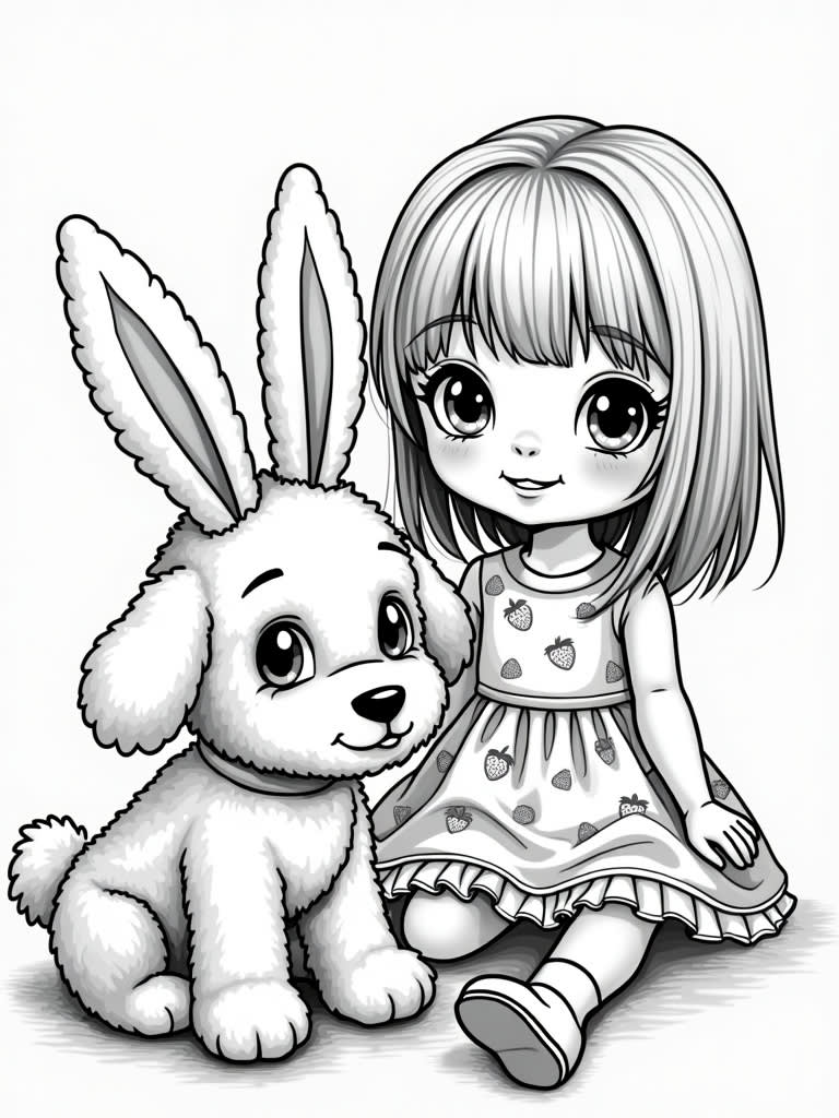 A stuffed poodle toy wearing bunny ears. The toy is next to a 3 year old little girl with bangs